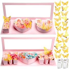 Vertintong 2 Sets Mother's Day I Love U Empty Flower Gift Box Fillable Packaging Box with 24 Pcs Gold Butterfly Decoration for Flowers Mother's Day (Pink)
