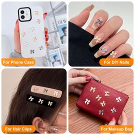 CustomyLife 70Pcs Gold Silver Black Bow Nail Charm 3D Bowknot Nail Bows Cute Glitter Acrylic Rhinestones Gems Wedding Prom Jewelry Decoration for Women