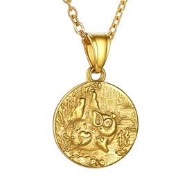 GOLDCHIC JEWELRY Layered Disc Coin Necklace Gold Plated Chinese Zodiac Pig Pendant for Women Good Luck Charm Necklace in Chinese Culture Elment