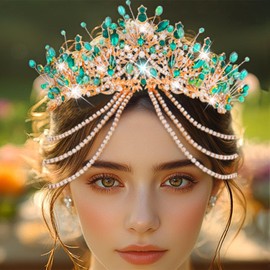 Kilshye Green Rhinestone Queen Crown Gold Crystal Wedding Crowns and Tiaras Festival Costume Hair Accessories for Women (Green, One Size)