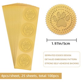 CRASPIRE Dog Paw Gold Foil Certificate Seals 2 Round Self Adhesive Embossed Stickers 100pcs for Invitations Certification Graduation Notary Seals Corporate Monogram Emboss