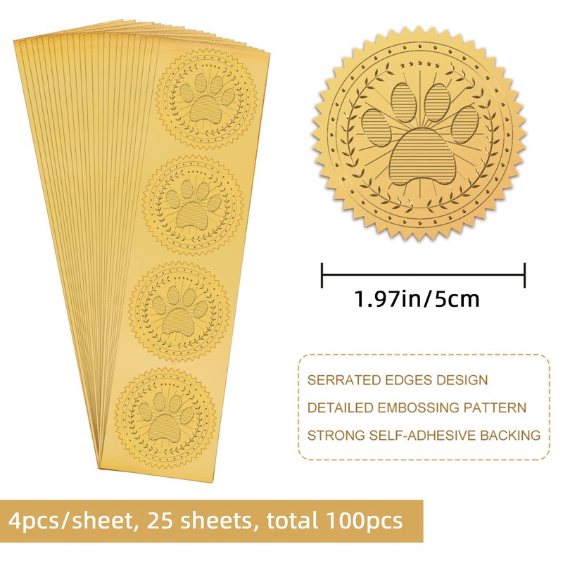 CRASPIRE Dog Paw Gold Foil Certificate Seals 2 Round Self