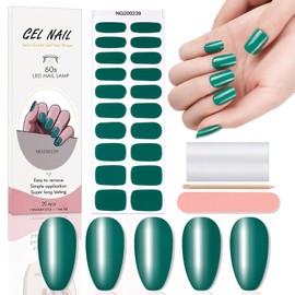 WOKOTO 20 Pcs Emerald Solid Semi Cured Gel Nail Strips With Nail File & Wooden Stick, UV Gel Nail Polish Stickers Full Nail Wraps For Women Girls Stick On Real Nails Polish Strips For Nail Art