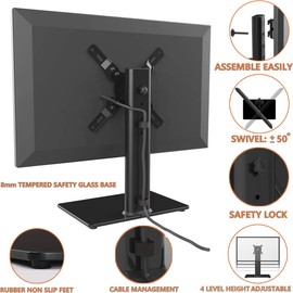 Universal Swivel TV Stand/Base Table Top TV Stand for 13 to 39 inch TVs with 100 Degree Swivel, 4 Level Height Adjustable, Heavy Duty Tempered Glass Base, Holds up to 88lbs, HT07B-002