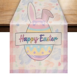 Egg Bunny Easter Table Runner, 72x13in Watercolor Happy Easter Spring Table Runner Tablecloth Burlap Seasonal Holiday Table Decoration for Kitchen Dining Indoor Home Party Decor