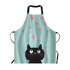 Moslion Black Cat Apron,Pink Hearts and Cute Cartoon Cat Blue Background Apron,Adjustable Neck Bib Apron for Men Women,Suitable for Kitchen Cooking Waitress Chef Apron