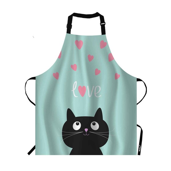 Moslion Black Cat Apron,Pink Hearts and Cute Cartoon Cat Blue