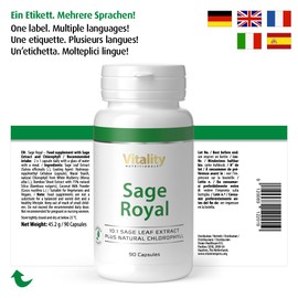 Salbei Kapseln Hochdosiert mit 350 mg pro Kapsel + 5 mg Chlorophyll-Komplex (90 Stk) bei übermäßigem Schwitzen & Körpergeruch, Sage Royal Vitality  Nutritionals