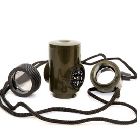 PARENCE – bussola multifunzione 6-in-1 con termometro, LED, lente d'ingrandire, fischietto e specchio – strumento compatto per la sopravvivenza con filo – Army Green – batteria inclusa