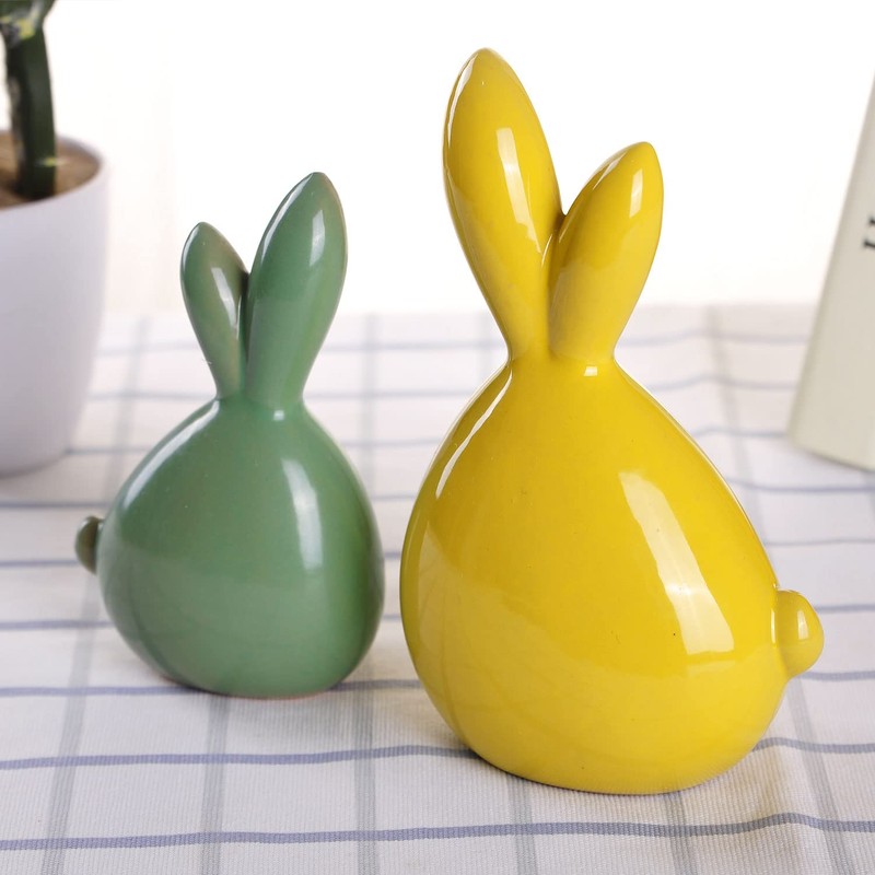 WHJY 2pcs Cute Long-Eared Bunny Sculpture Ornaments Desktop Ceramic Easter
