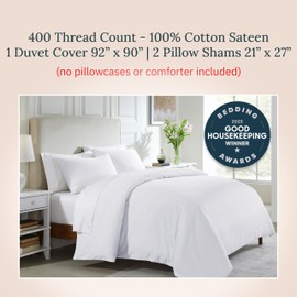 California Design Den 3 Pc Full/Queen Duvet Cover Set - Winner Good Housekeeping Best Bedding Awards 2025, 400 Thread Count Sateen, 100% Cotton Duvet Cover Queen Size,Button Closure,Corner Ties -White