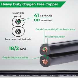 YOTIGER 18 Gauge Copper Wire 100 Feet, 18/2 Low Voltage Landscape Lighting Wire, 18AWG 2 Conductors Wire Outdoor Direct Burial Electrical Wire for LED Lamp Lighting Strips, UL Listed