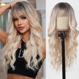 Allbell Blonde Wigs with Fringe Long Wavy Synthetic Hair Wigs for Women