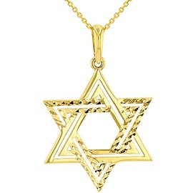 Jewelry America Solid 14k Yellow Gold Textured Elegant Jewish Star of David Charm Pendant Necklace, 16"