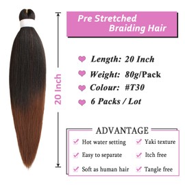 Samtress 20 Inch Pre-Stretched Braiding Hair, Soft Yaki Texture, Kanekalon Braids, Crochet Braids, Hot Water Setting Simple Braids, Hair Extensions for Women, 6 Packs (#t30)