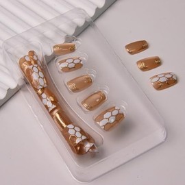 30 uñas postizas cuadradas cortas doradas, uñas postizas tipo ojo de gato, uñas acrílicas artificiales con rayas escocesas doradas 3D y diseños de cap