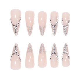 24pcs Long Stiletto False Nails French Glitter Silver Tip Stick on Nails Rhinestone Press on Nails Removable Glue on Nails Full Cover Fake Nails Women Bridal Nail Art Accessories