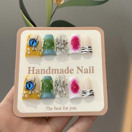 Handmade Press on Nails Luxury Rhinestone Design Medium Duck Fake Nails Eyes Charms False Nails with Glue,Muti-Layer Gel Thick Press ons Nail Reusable Acrylic Nails for Women(Size S)