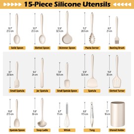 15-Piece Kitchen Cooking Utensils Set with Holder, Homikit Heat Resistant Food Grade Silicone Kitchen Utensils include Slotted Spatula Ladle Turner for Nonstick Cookware, Dishwasher Safe- Khaki