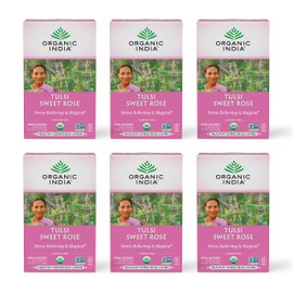 Organic India Tulsi Sweet Rose Herbal Tea - Holy Basil Leaf, African Basil, Chamomilie, Lemon Myrtle, Stress Relieving, Immune Support, USDA Certified Organic, Caffeine-Free - 18 Infusion Bags, 6 Pack