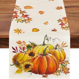 Table Runner Autumn Decoration, Thanksgiving Decorative Tablecloth Fall Table Runner Autumn Decoration Washable Maple Leaf Printed Long Autumn Doily Decor for Thanksgiving Table Decoration (33 x 183