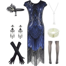 Letter Love Women 1920s Vintage Flapper Fringe Beaded Gatsby Party Dress With 20s Accessories Set (L, Black Blue)