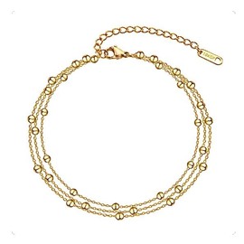Generic Trendy 18k Gold Plated Stainless Steel Layered Chain With Beaded Anklet Bracelet + Pink velvet Bag