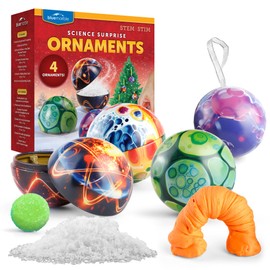 Blue Marble Science Surprise Christmas Ornaments – 4 Ornaments with Holiday Science Experiments Inside - Bouncy Ball, Instant Snow, Bouncing Putty & Hydrophobic Sand, Learning Guide & Instructions