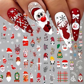 Christmas Nail Art Stickers 10 Sheets Christmas Nail Decals 3D Self-Adhesive Snowman Deer Bells Nail Sticker Red Snowflake Nail Art Design Decals DIY Nail Decoration Supplies for Women Girls 1#