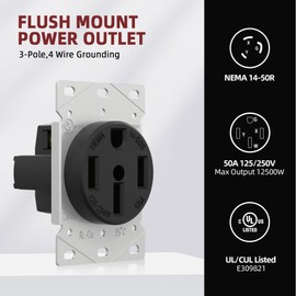 AIDA NEMA 14-50R 50 Amp 125/250 Volts 3 Pole, 4 Wire Grounded Flush Mount Range Outlet Receptacle for Dryers, RV, Ranges, Welders, Electric Cars, UL Listed, Black