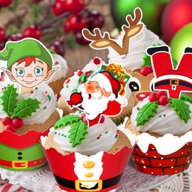 128 Pieces Christmas Cupcake Toppers Wrappers Party Supplies Favors - Snowman Santa Claus Reindeer Elf Gnome Gingerbread