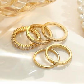 FloralGrace Pack of 5 Gold Rings for Women Rings Women Gold Thumb Ring Finger Ring Stackable Rings with Zirconia Stainless Steel 14 Carat Gold-Plated for Women Girls, gold