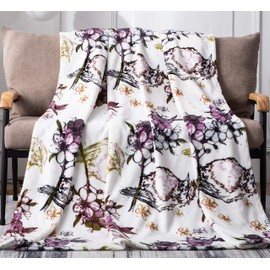 DaDa Bedding Soft Faux Mink Fleece Flannel Purple Floral Throw Blanket - Blossom Garden Birds Elegant Orchid Lavender & Olive Green - Plush Warm Animal Lover House Warming Decor Gift Idea - 63" x 90"