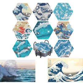 Profit.relaxed Diamond Art Coaster Japanese Souvenir for Foreigners Beginners Japanese Souvenirs for Foreigners DIY Diamond Beads Japanese Painting Wind Wave 8 Pieces