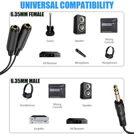 1/4" TRS to Dual 1/4" Female Splitter Y Cable, tunghey 1/4 Inch 6.35mm Stereo Plug/Male to Dual 1/4 Inch 6.35mm Jack/Female, Black (30cm)