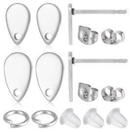 CREATCABIN Pack of 100 Drop Stud Earrings Accessories 2 Sizes Stainless Steel Stud Earring Loop with 100 Jump Rings & Plastic Nuts for DIY Earring Jewellery Making 8 x 5 mm / 10 x 6 mm