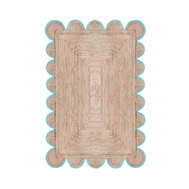 Chouhan Rugs Natural Jute Scalloped Area Rugs Handwoven Boho Indoor Farmhouse Braided Rug for Livingroom, Bedroom, Kitchen (Turquoise-N5, 2x6)