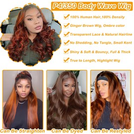 LAINSS Ginger Highlight Body Wave Lace Front Wigs Human Hair 13x4 Ombre Brown HD Transparent Lace Front Wig Human Hair for Women P4/350 Highlight Ombre 180% Density Glueless Wig 26Inch