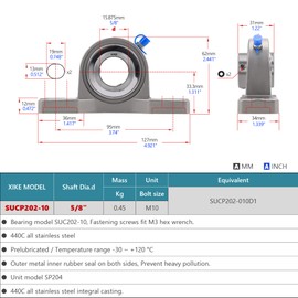 XIKE 2 Pcs SUCP202-10 Bore 5/8" All Stainless Steel Pillow Block Square Flange Mounted Ball Bearings, Solid Base and Self Aligning.