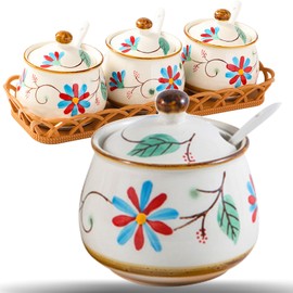 Orkim Kitchen Ceramic Condiment Jars with Lids and Spoons, 3 Piece Porcelain Seasoning Jar Set for Salt Spice Pepper Suger Bowl, Coffee Tea Container Pot with Serving Tray - Blue Flower