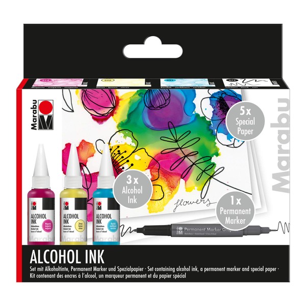 Marabu 1216000000101 Alcohol Ink Set Flowers with 3 x 20 ml Alcohol Ink, 1 x Permanent Marker, Special Paper and Instructions, Alcohol Ink for Fluid Art, Resin Art and Epoxy Resin Paint