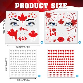 DPKOW Canada Day Face Tattoos, 4pcs Canada Day Temporary Tattoos Maple Leaves Stickers with Red Silver Face Gems for Accessories
