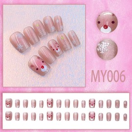 24Pcs Christmas Press on Nails Short Square Elk Fake Nails Cute Christmas Trees with White Snowflake Full Cover Reusable Pink Nails Glue on Nails Winter Holiday False Nails for Manicure Salon DIY