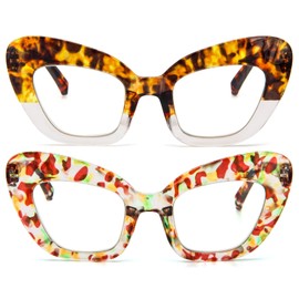 KoKoBin Oversized Thick Cat Eye Reading Glasses,2 Pack Ladies Fashion Spring Hinges Blue Light Blocker Readers +1.0