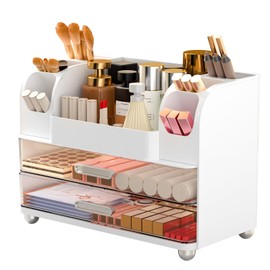 Makeup Organizer for Vanity with 2 Large Drawers, Cosmetic Display Case with Brush Holders, Easy to Storage for Bathroom Countertop Skincare, Desk Office Supplies (White)