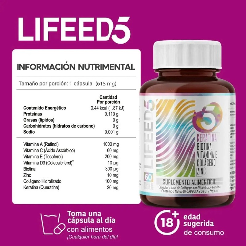 Capsulas Keratina Biotina Colageno Vitamina E Cabello Lifeed Sin Sabor