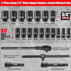 TONYNOL 3/4 Inch Drive Deep Impact Socket Set, 21 Pieces, 6 Point, Metric Sizes (19mm to 50mm) with Adapters and Quick Release Ratchet Wrench, Heavy-Duty Cr-Mo Steel, Storage Case
