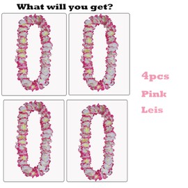 4Counts Thickened Hawaiian Leis Bulk, Tropical Flower Necklace Pink Leis for Luau Party, Hawaii Floral Garland Hula Dance Party Costume Graduation Lei Birthday Beach Wedding Favors