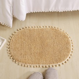 YIRDDEO Bath Mat Khaki Oval Rug with Pom Bathroom Rugs for Bedroom Non Slip Cute Boho Absorbent Mats Soft Plush Washable Rug (20"x30")
