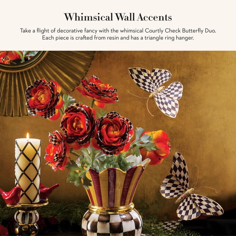 MACKENZIE-CHILDS Butterfly Duo, Hanging Butterfly Wall Decor, Black-and-White Courtly Check,